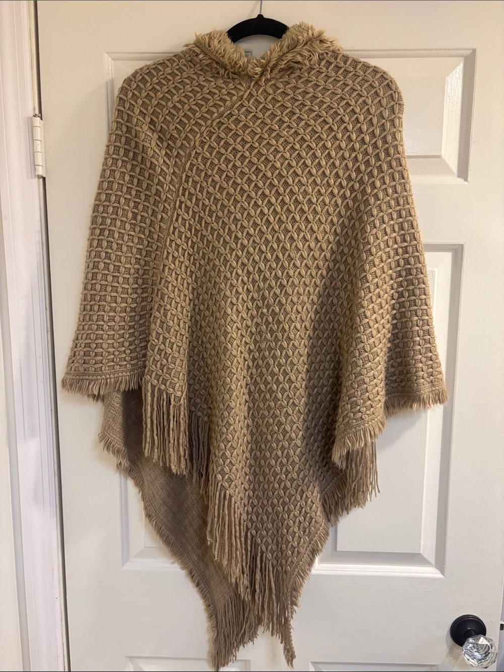 Cozy Hooded Fringe Poncho Sweater - Beige